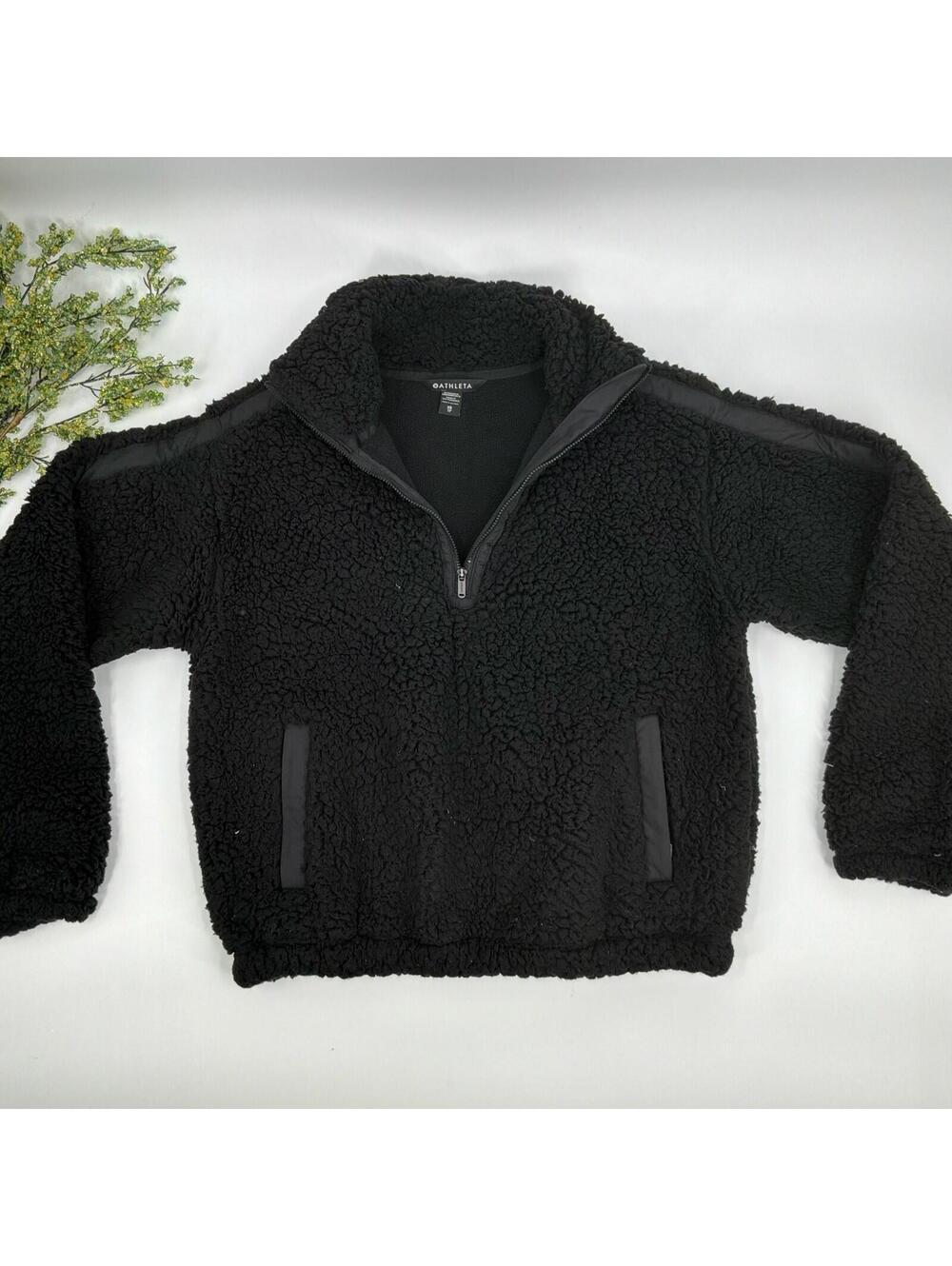 Athleta Black Sherpa Cropped Oversized Pullover Quarter Zip Sweater Size Xs